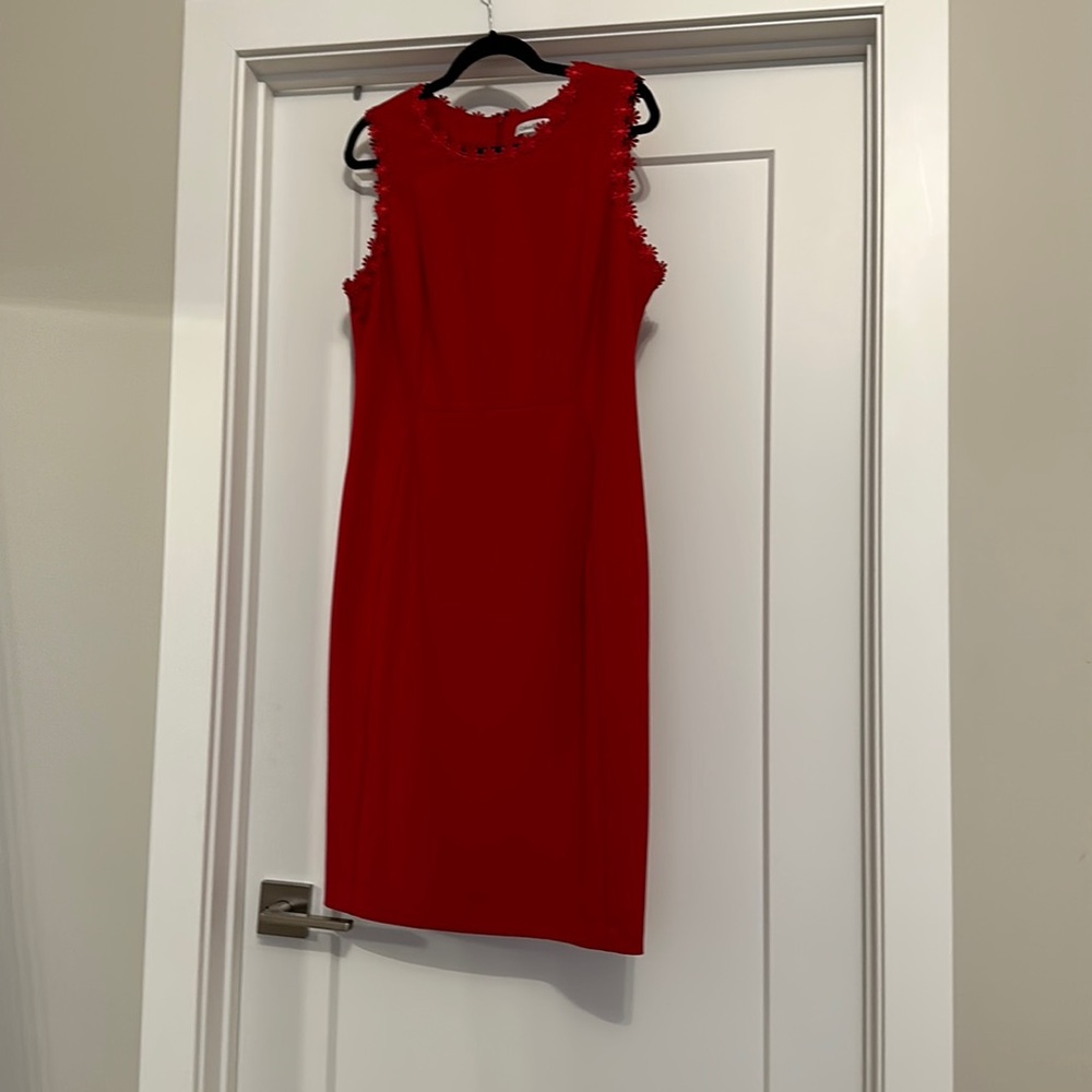 Calvin Klein sleeveless sheath dress with floral trim